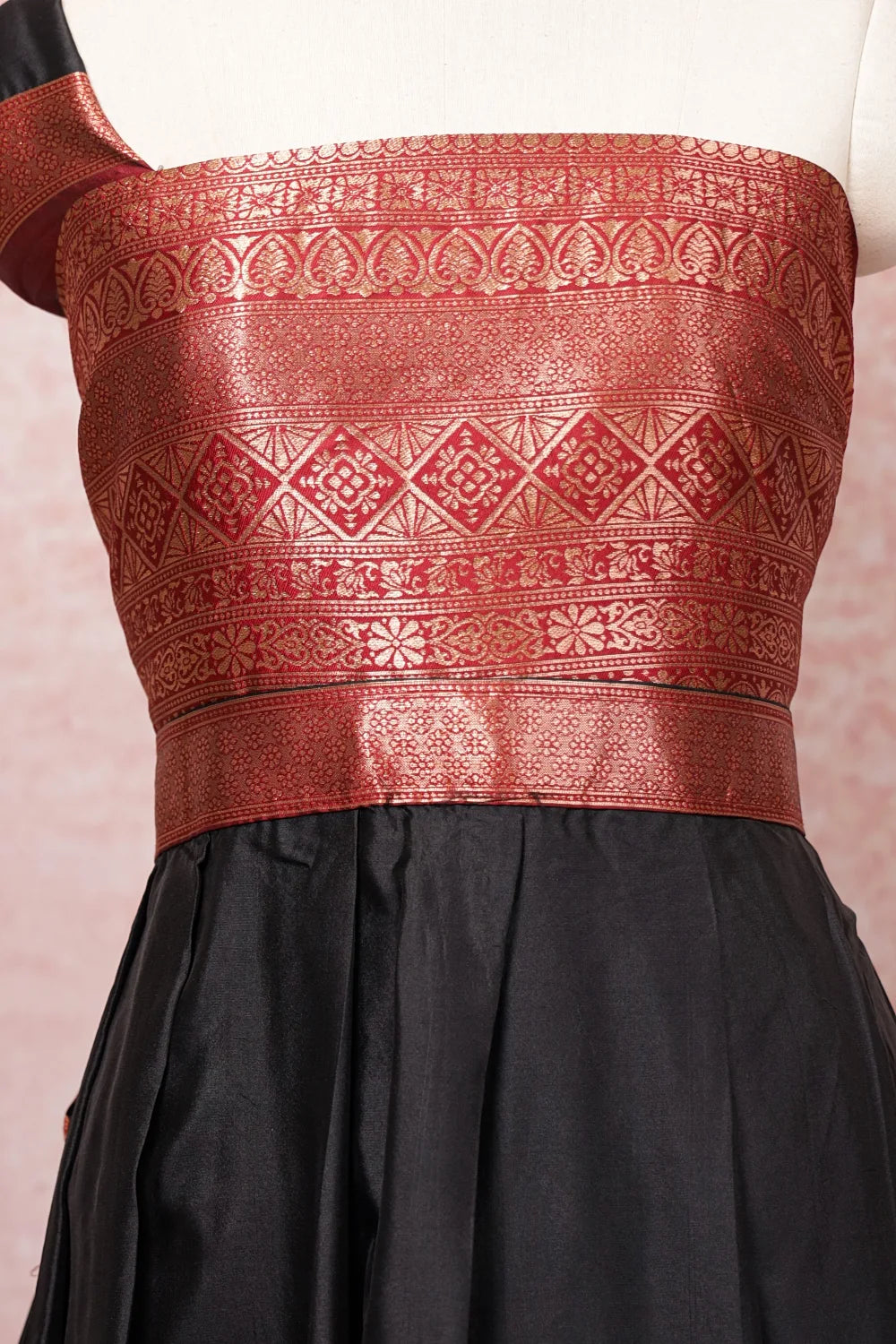 Black With Maroon Semi Silk Dhavani Set
