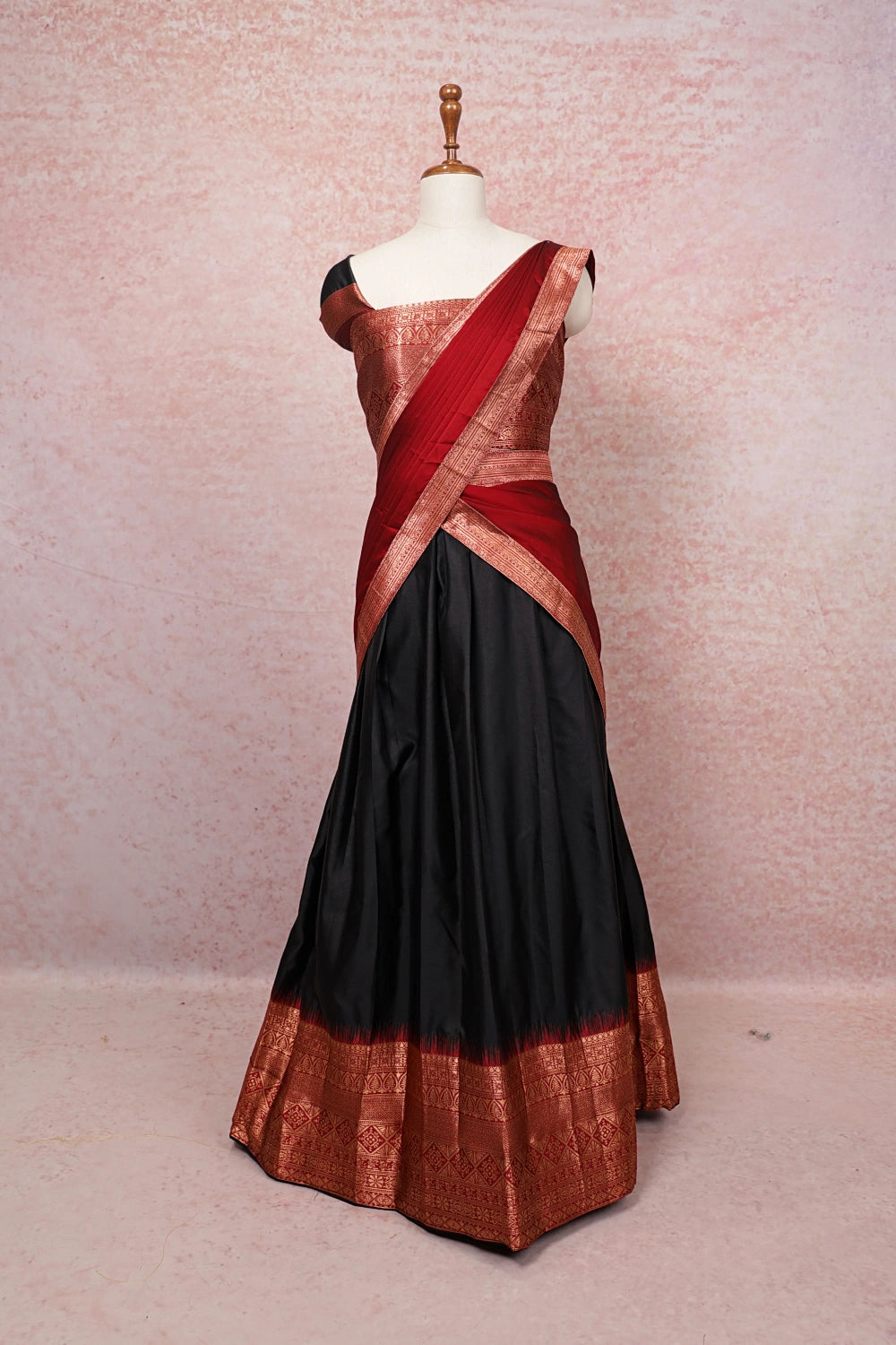 Black With Maroon Semi Silk Dhavani Set