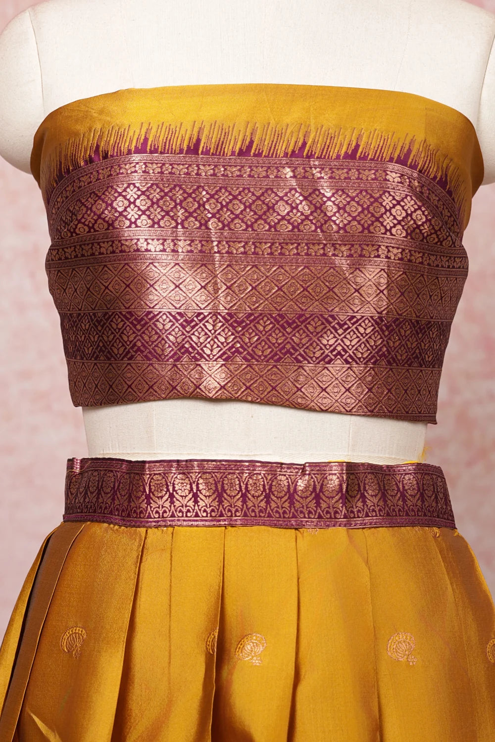 Mustard Yellow And Wine Semi Silk Dhavani Set
