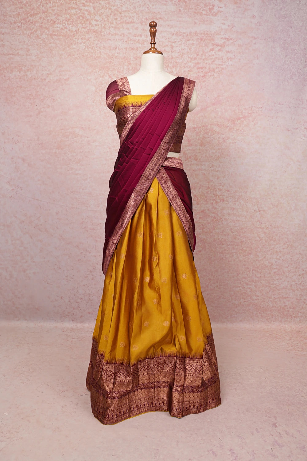 Mustard Yellow And Wine Semi Silk Dhavani Set
