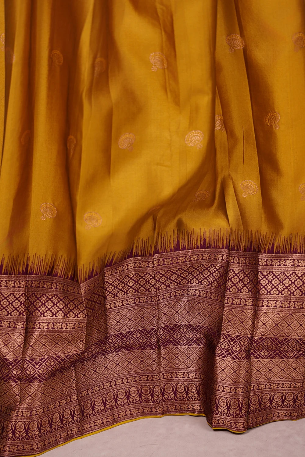 Mustard Yellow And Wine Semi Silk Dhavani Set