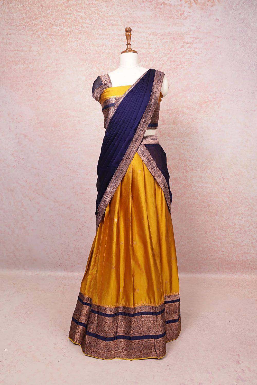 Yellow And Navy Blue Semi Silk Dhavani Set