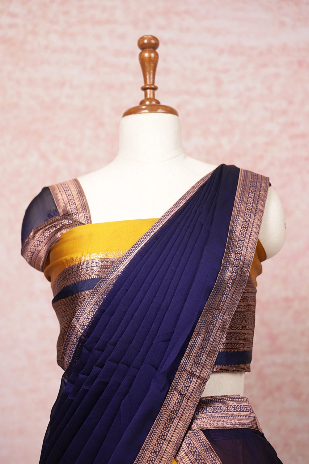 Yellow And Navy Blue Semi Silk Dhavani Set