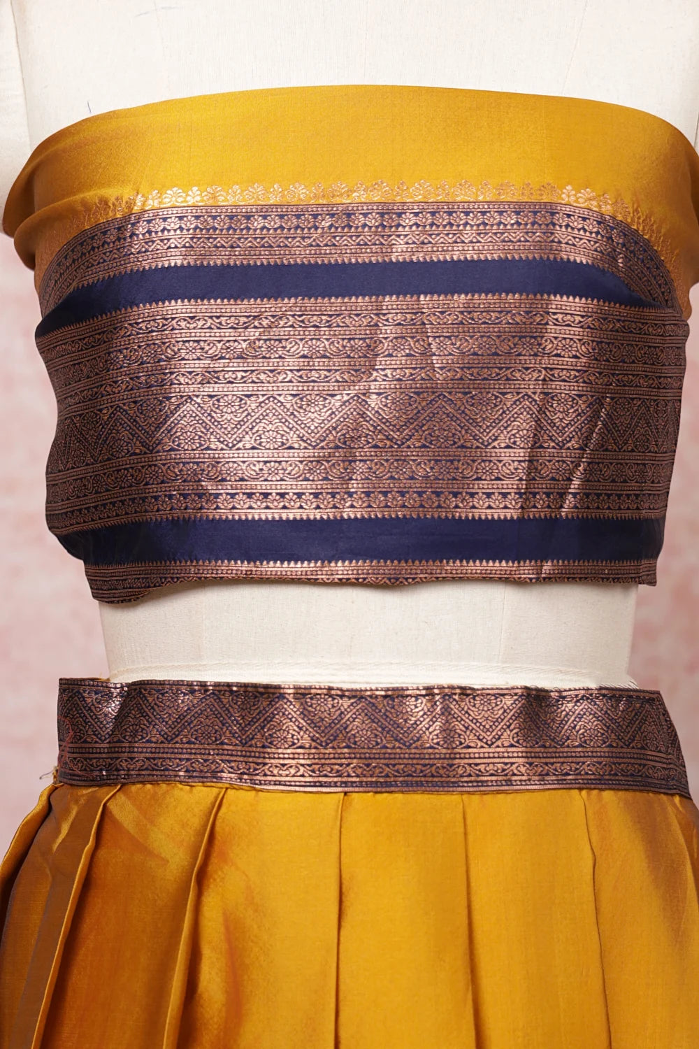 Yellow And Navy Blue Semi Silk Dhavani Set