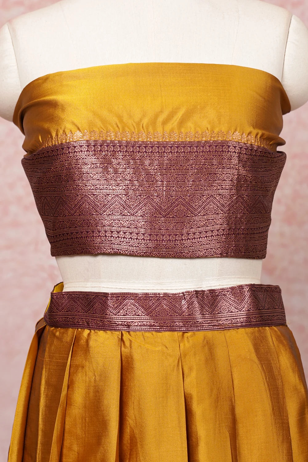 Mustard Yellow And Wine Semi Silk Dhavani Set