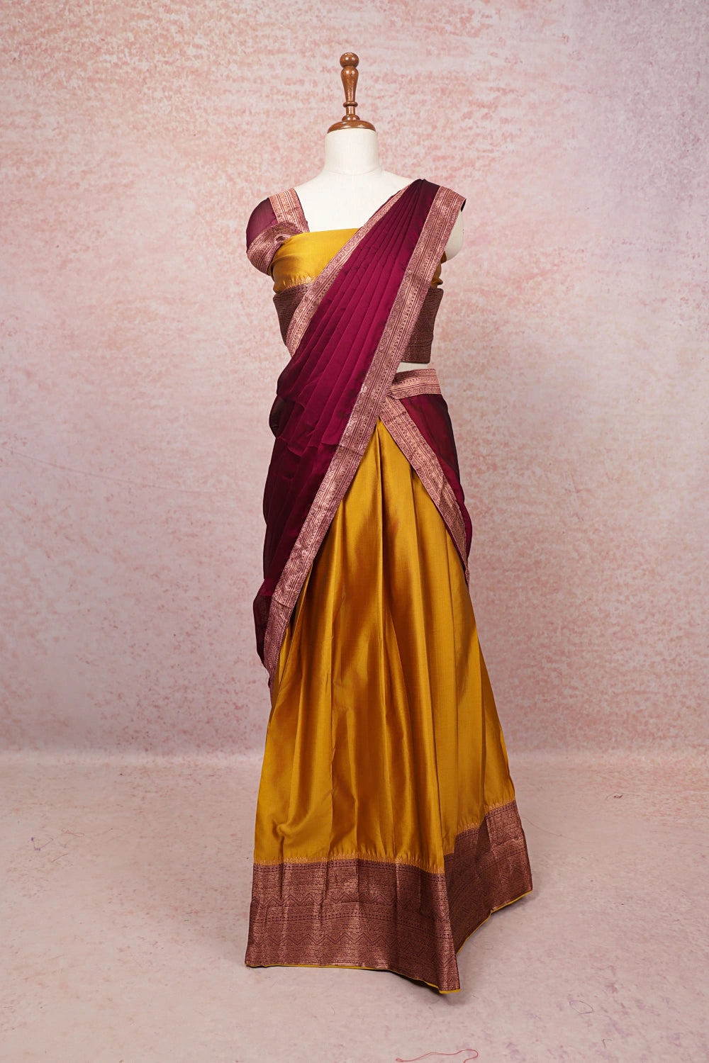 Mustard Yellow And Wine Semi Silk Dhavani Set