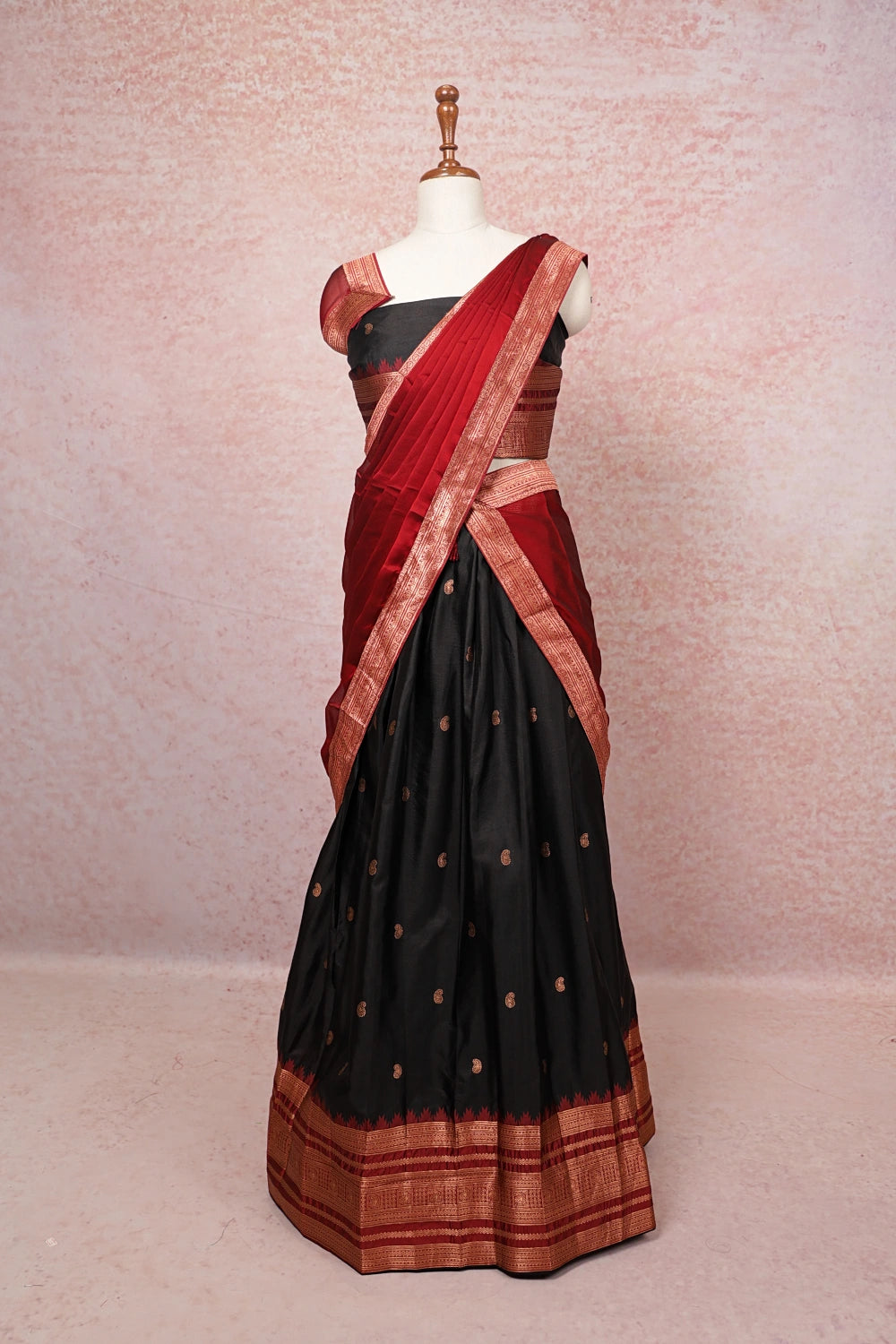 Black And Maroon Semi Silk Dhavani Set