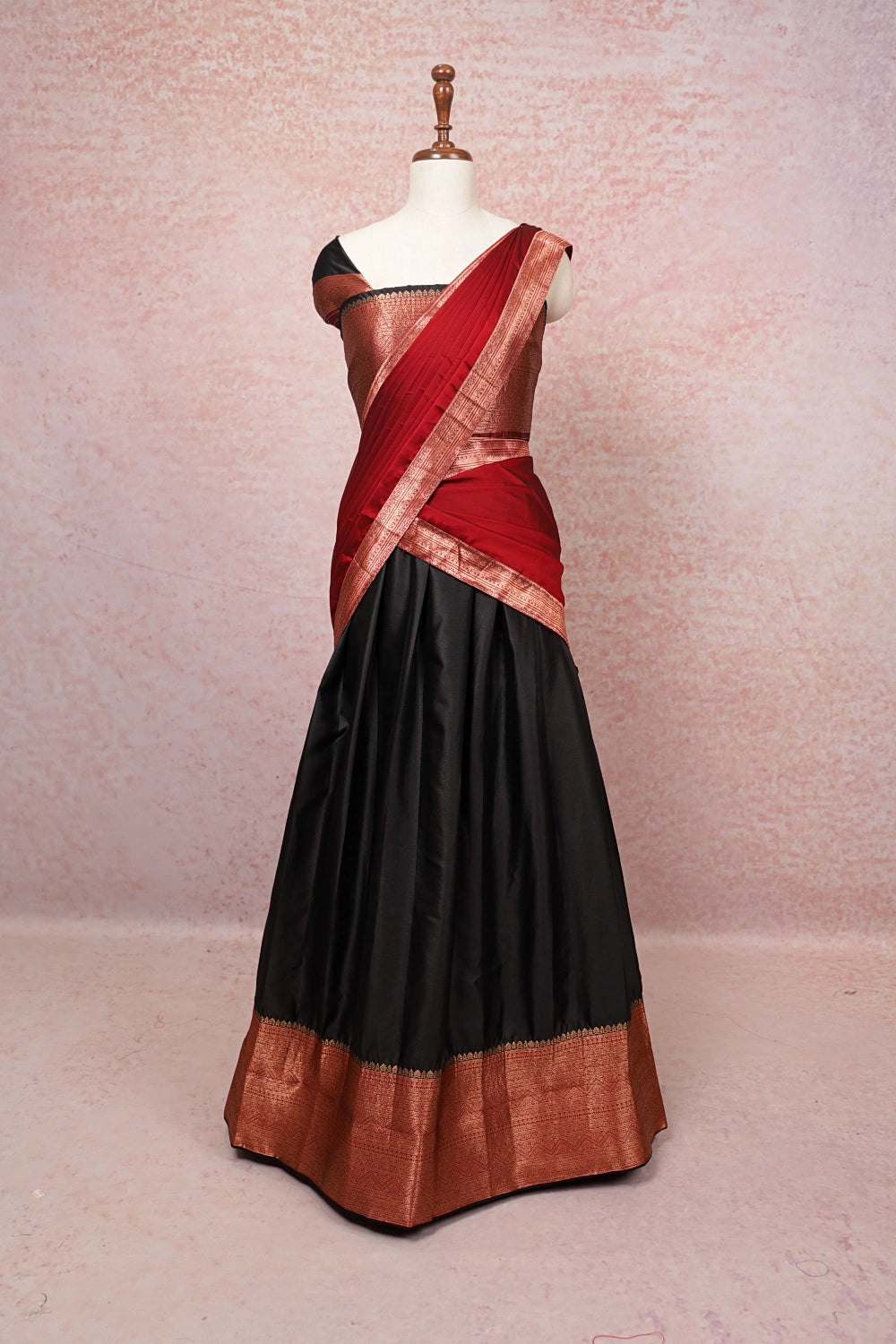 Black With Maroon Semi Silk Dhavani Set