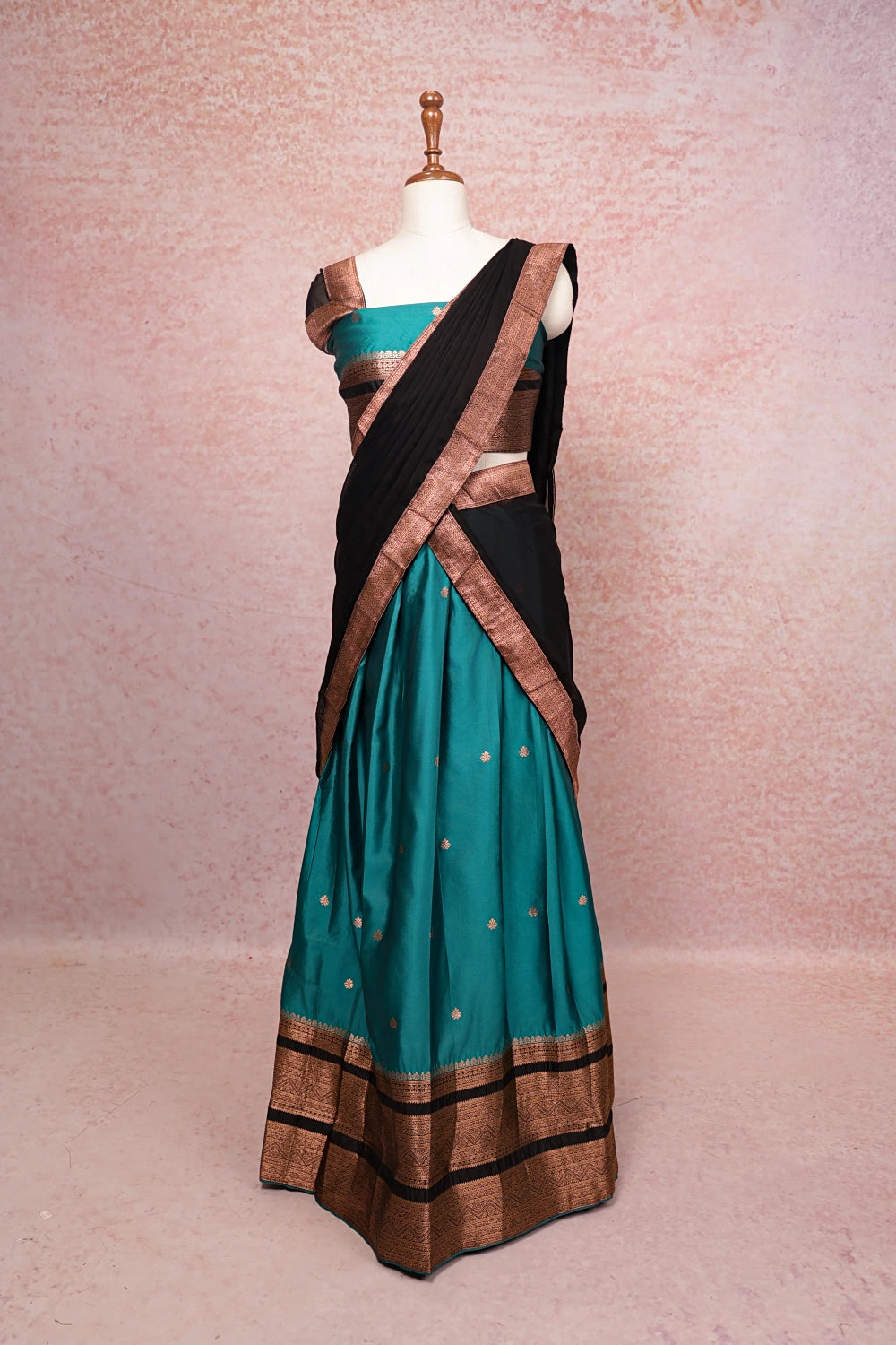 Sapphire Green With Black Semi Silk Dhavani Set
