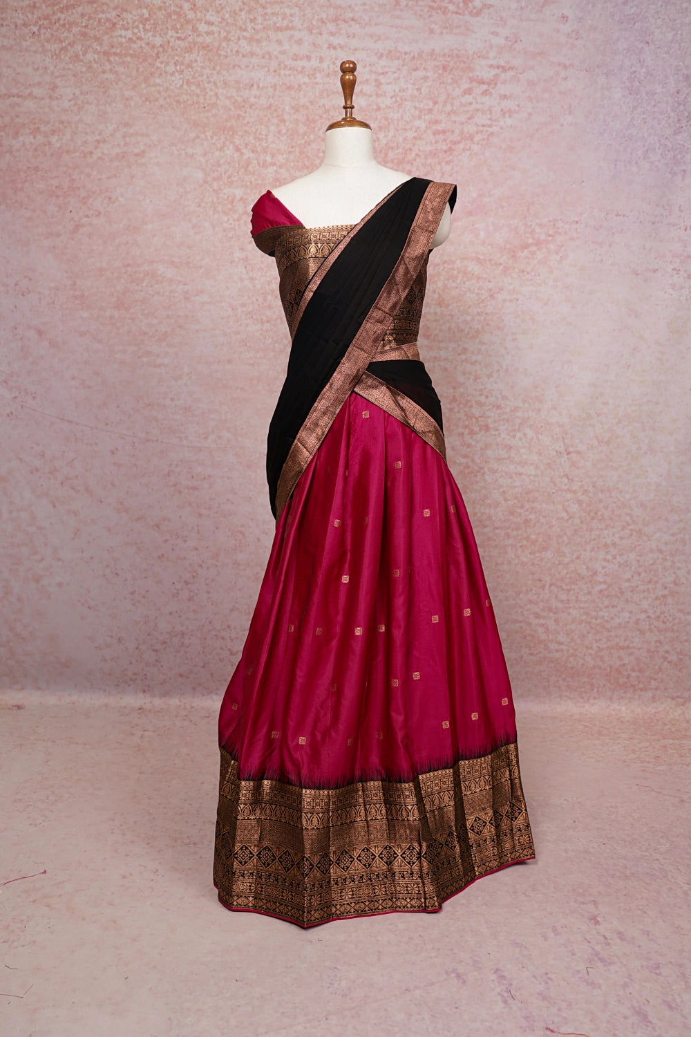 Magenta With Black Semi Silk Dhavani Set