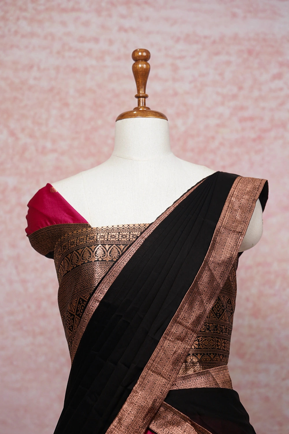 Magenta With Black Semi Silk Dhavani Set
