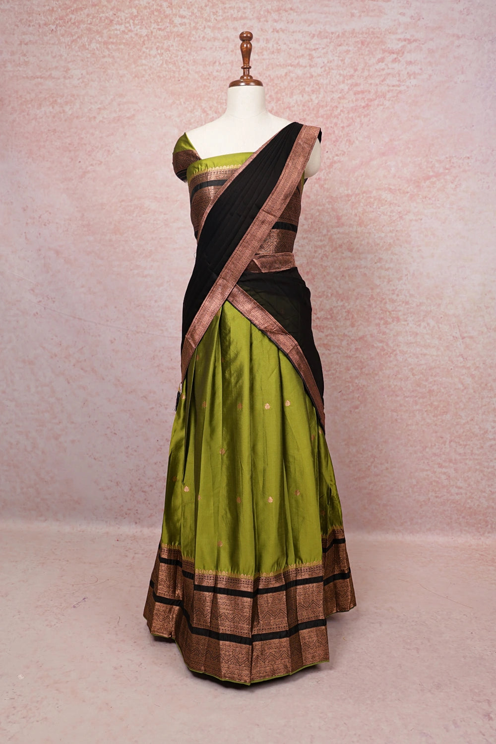 Olive Green And Black Semi Silk Dhavani Set