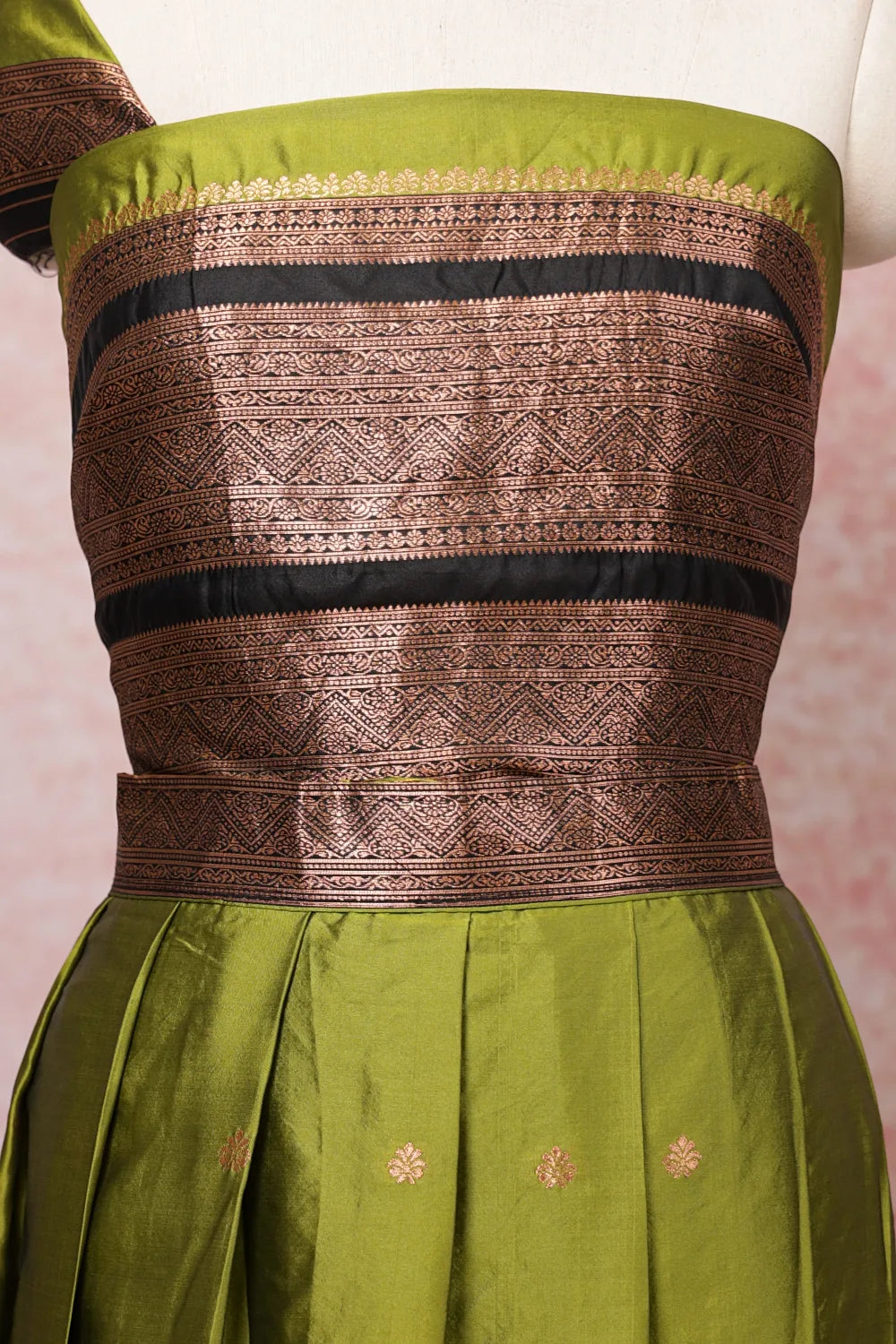 Olive Green And Black Semi Silk Dhavani Set