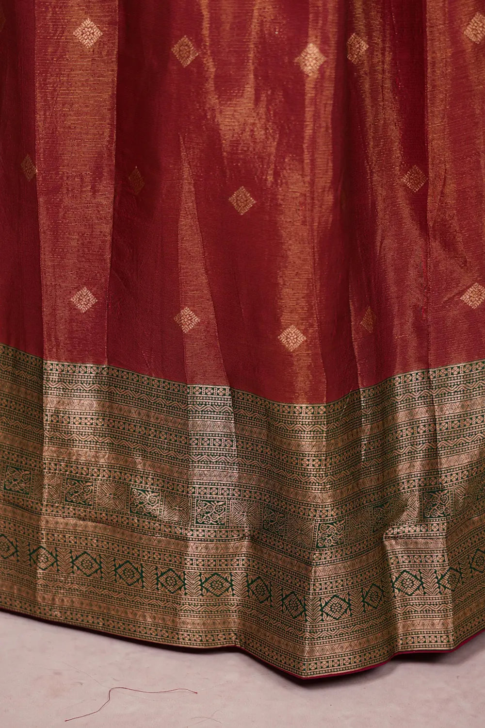 Maroon With Green Semi Tissue Dhavani Set