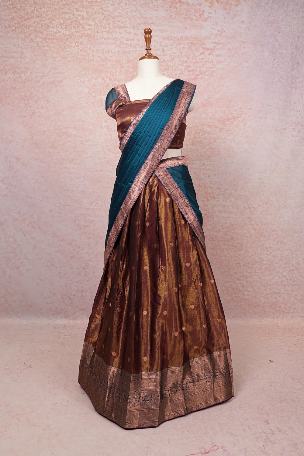Wine And Teal Blue Semi Tissue Dhavani Set