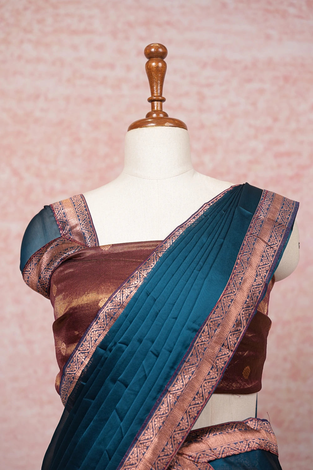 Wine And Teal Blue Semi Tissue Dhavani Set