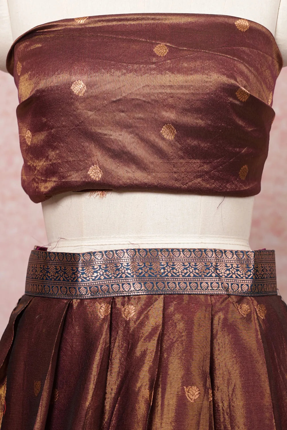 Wine And Teal Blue Semi Tissue Dhavani Set