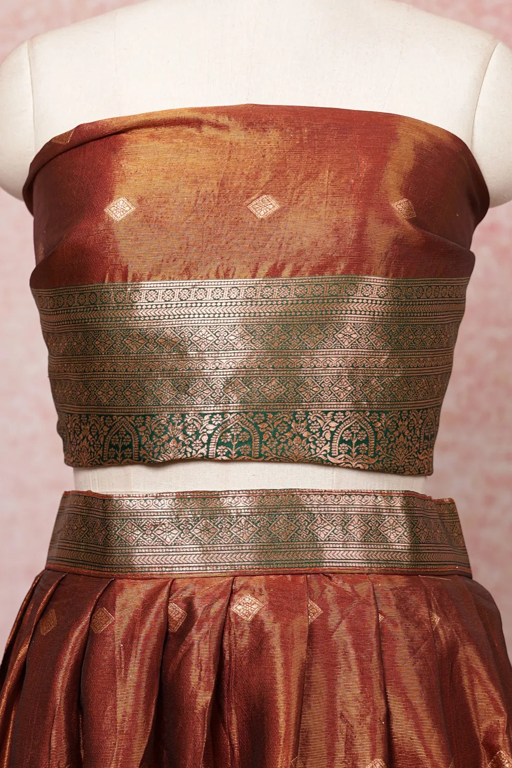 Light Red Brown And Dark Green Tissue Dhavani Set