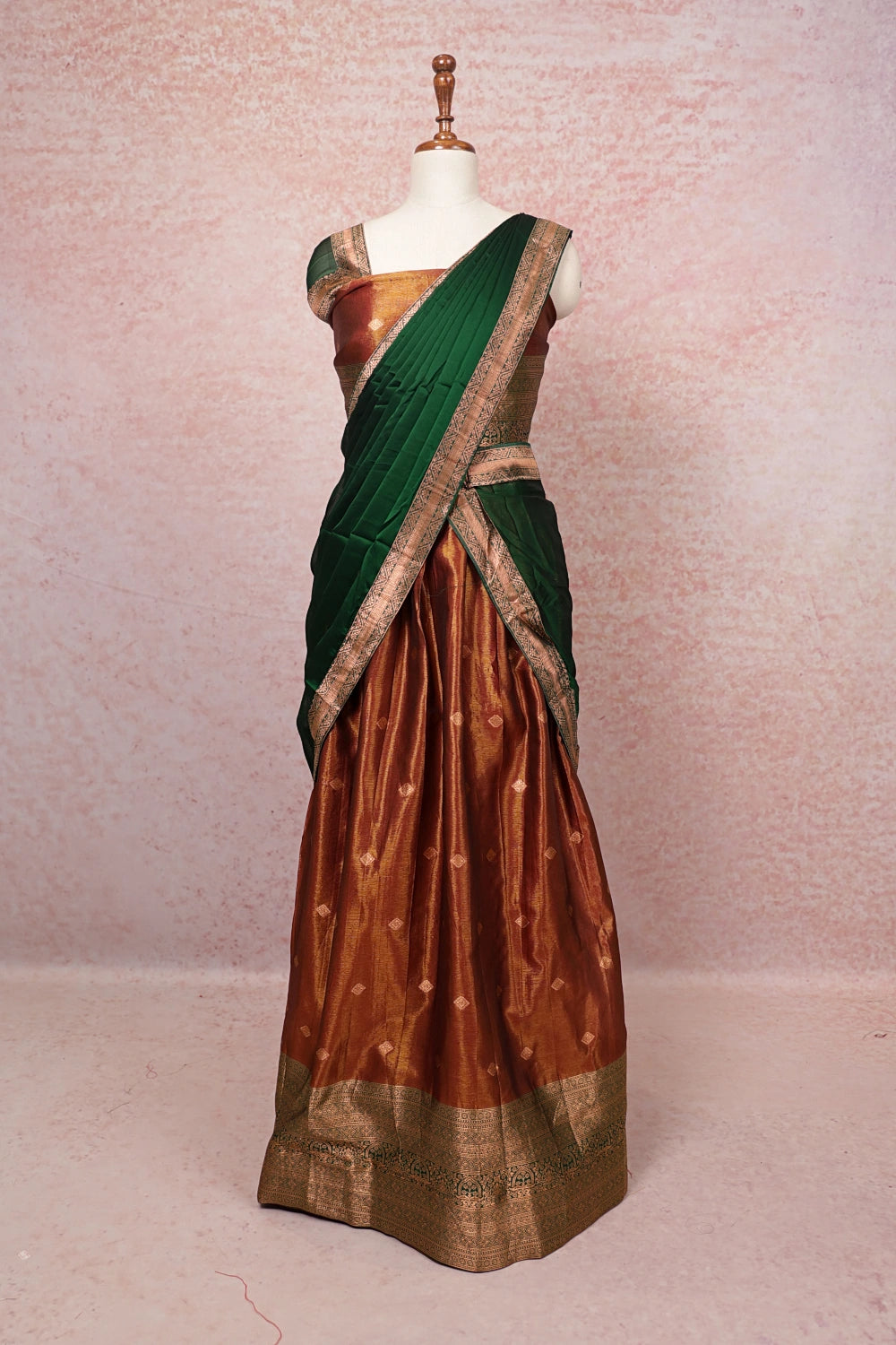 Light Red Brown And Dark Green Tissue Dhavani Set