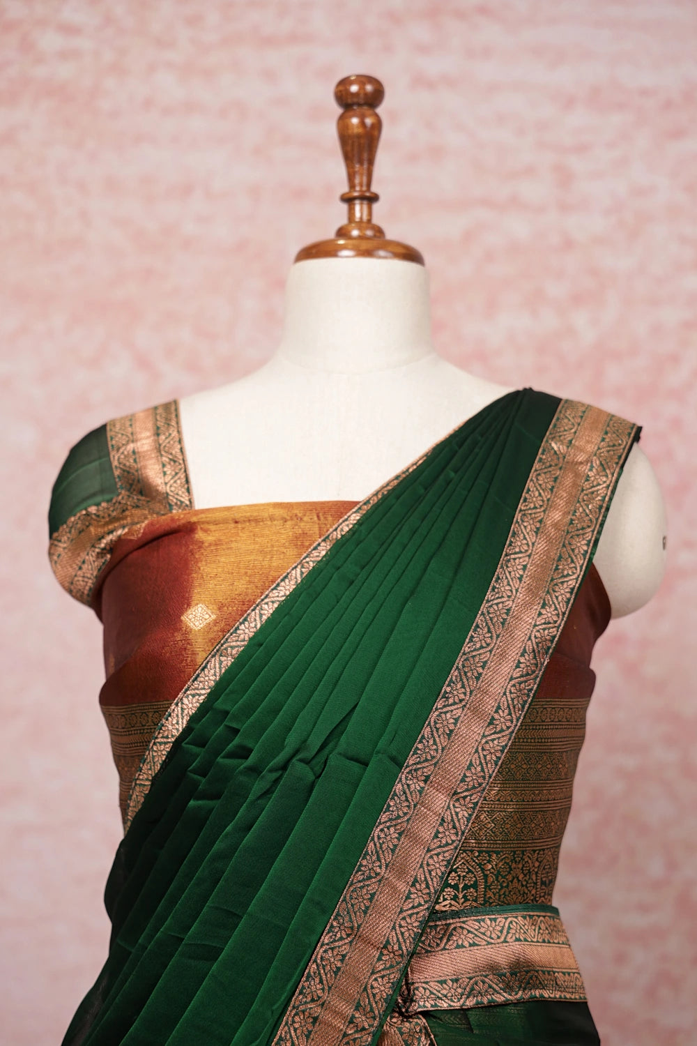 Light Red Brown And Dark Green Tissue Dhavani Set
