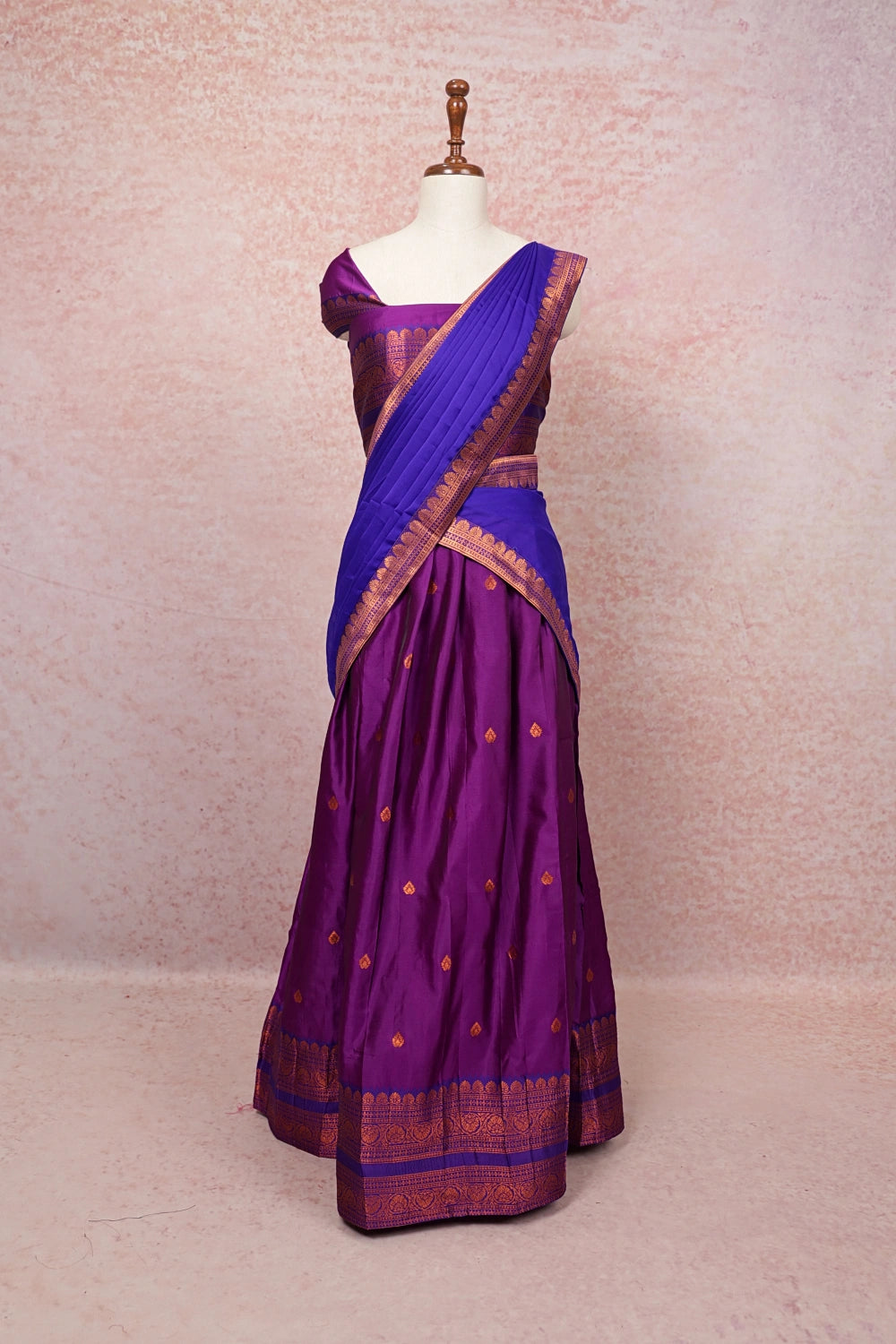 Purple And Blue Semi Silk Dhavani Set