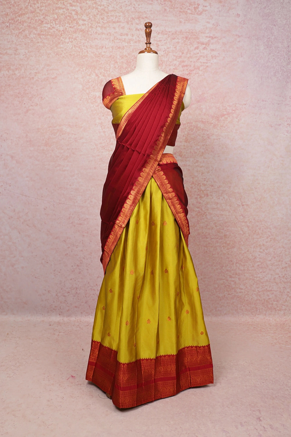 Yellow And Maroon Semi Silk  Dhavani Set