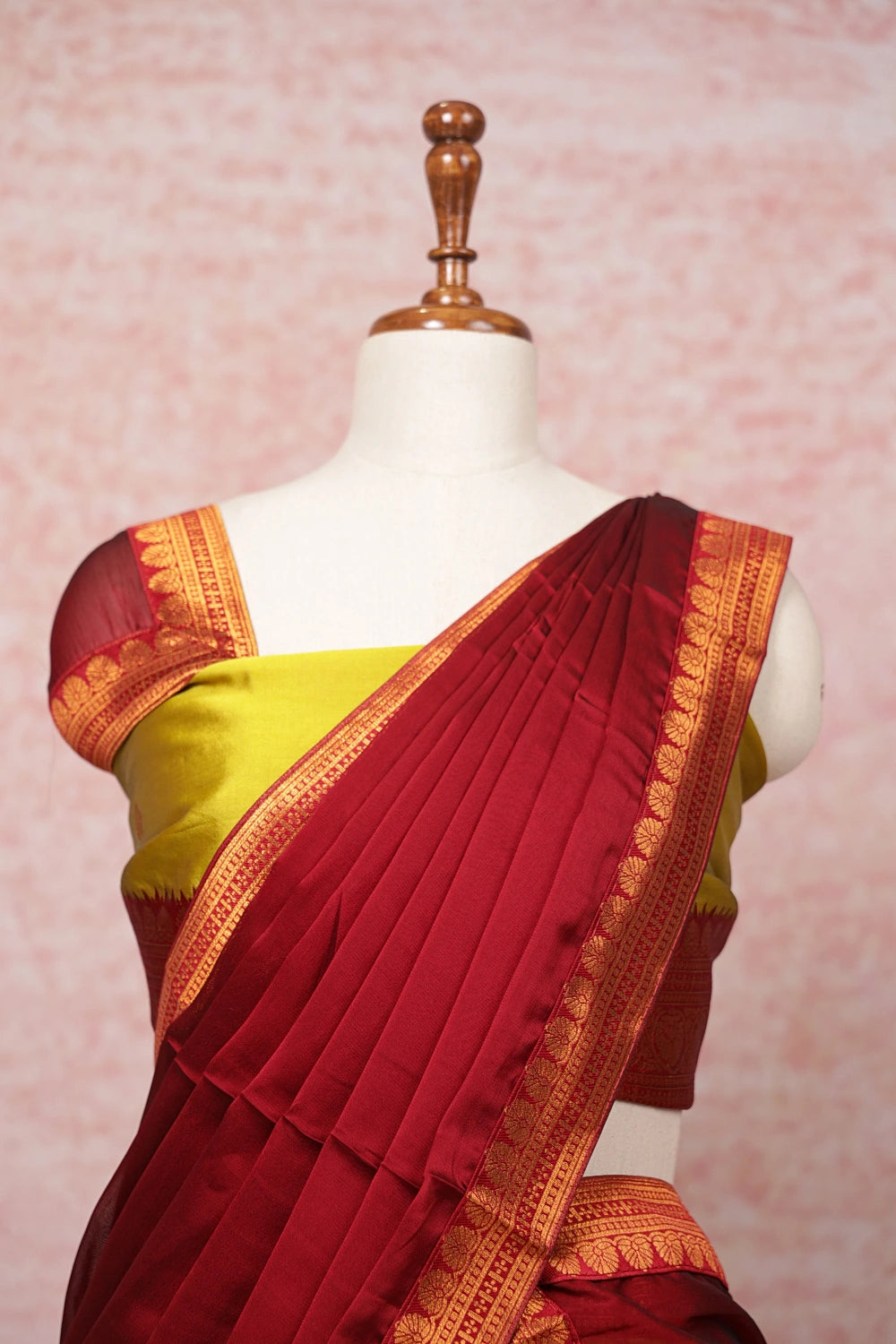 Yellow And Maroon Semi Silk  Dhavani Set
