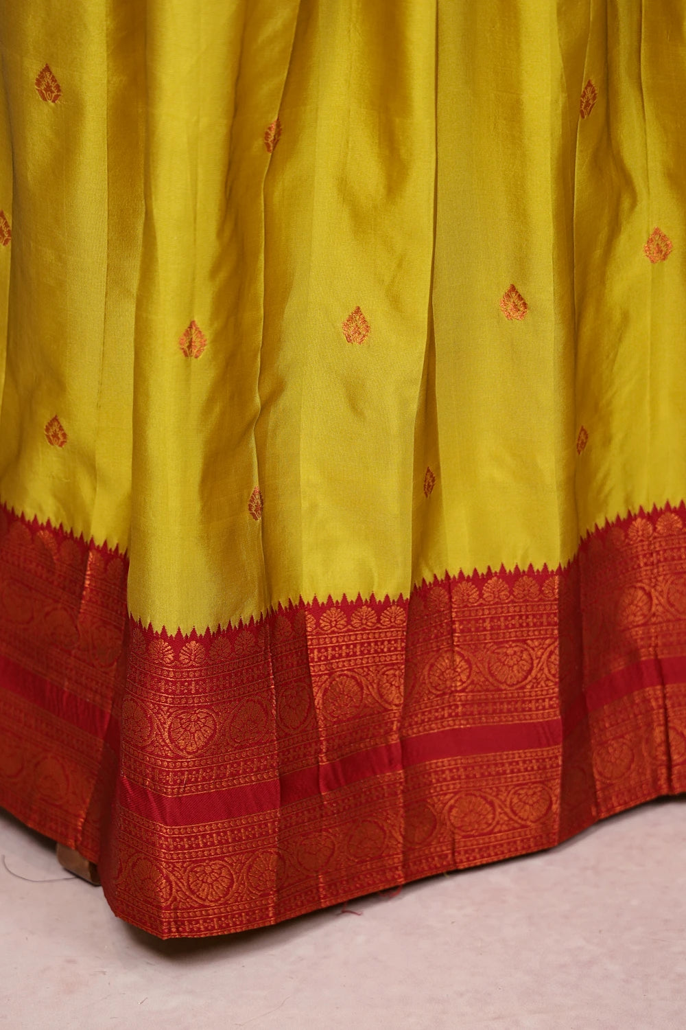 Yellow And Maroon Semi Silk  Dhavani Set