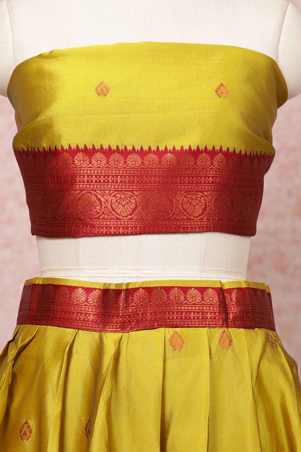 Yellow And Maroon Semi Silk  Dhavani Set