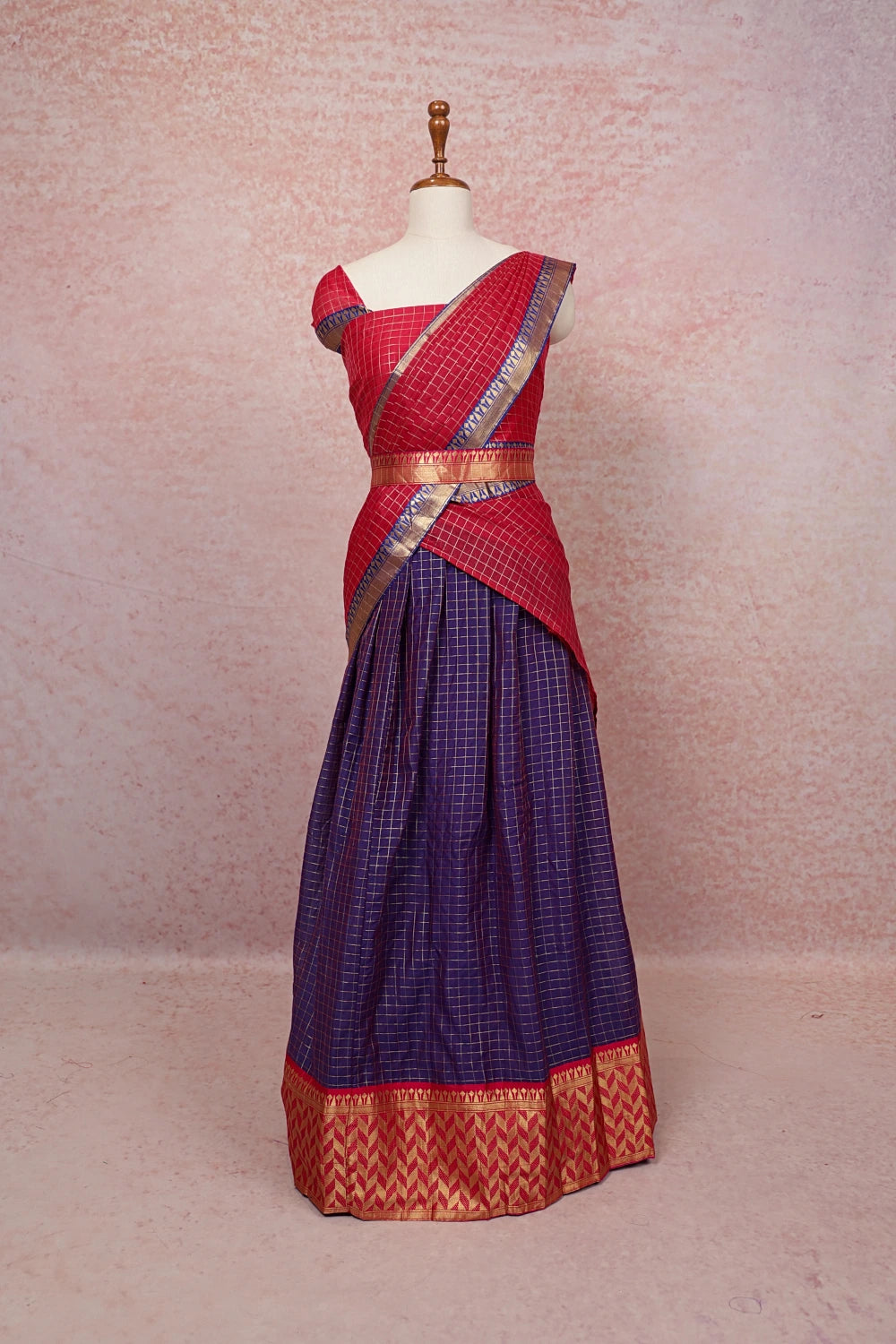 Reddish Pink And Blue Semi Chanderi Dhavani Set
