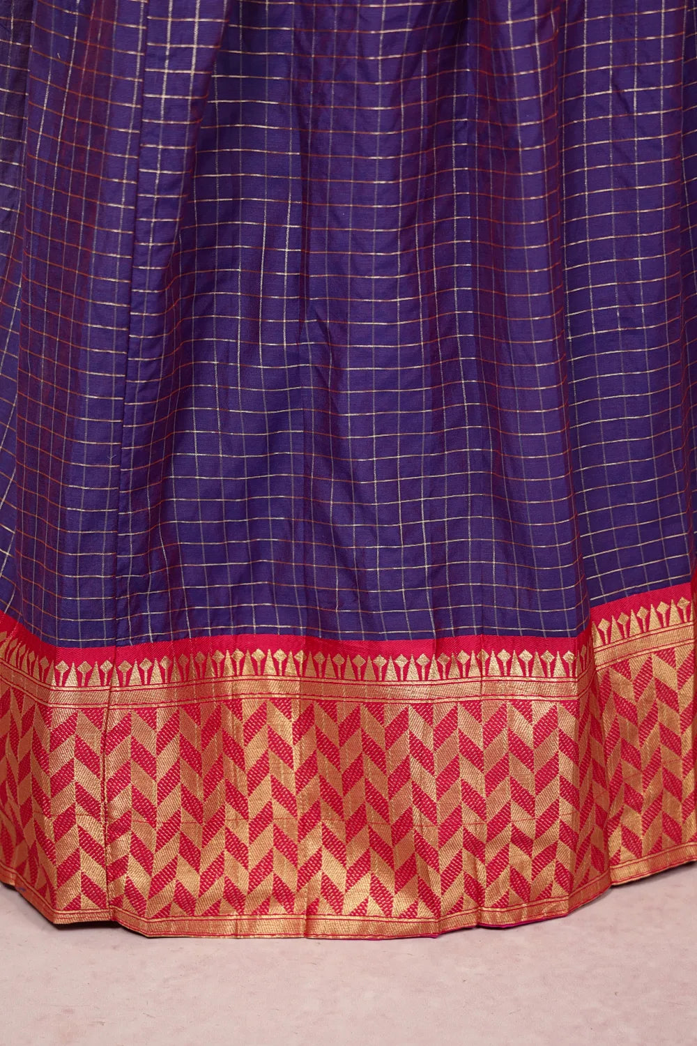 Reddish Pink And Blue Semi Chanderi Dhavani Set