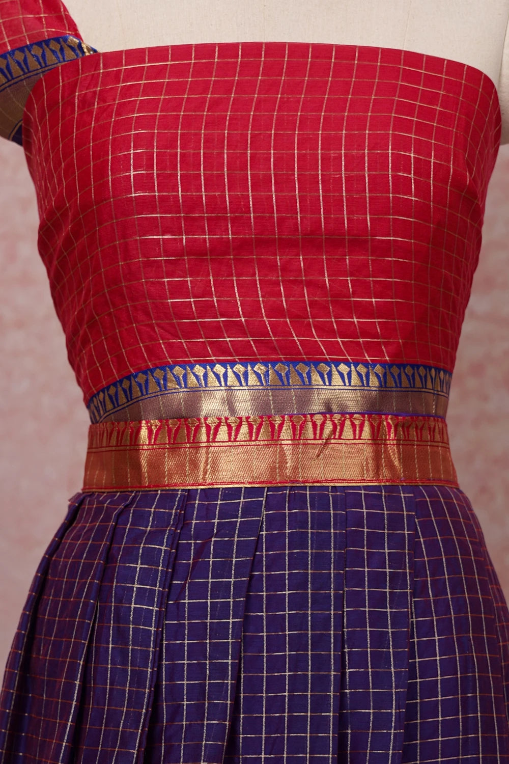 Reddish Pink And Blue Semi Chanderi Dhavani Set