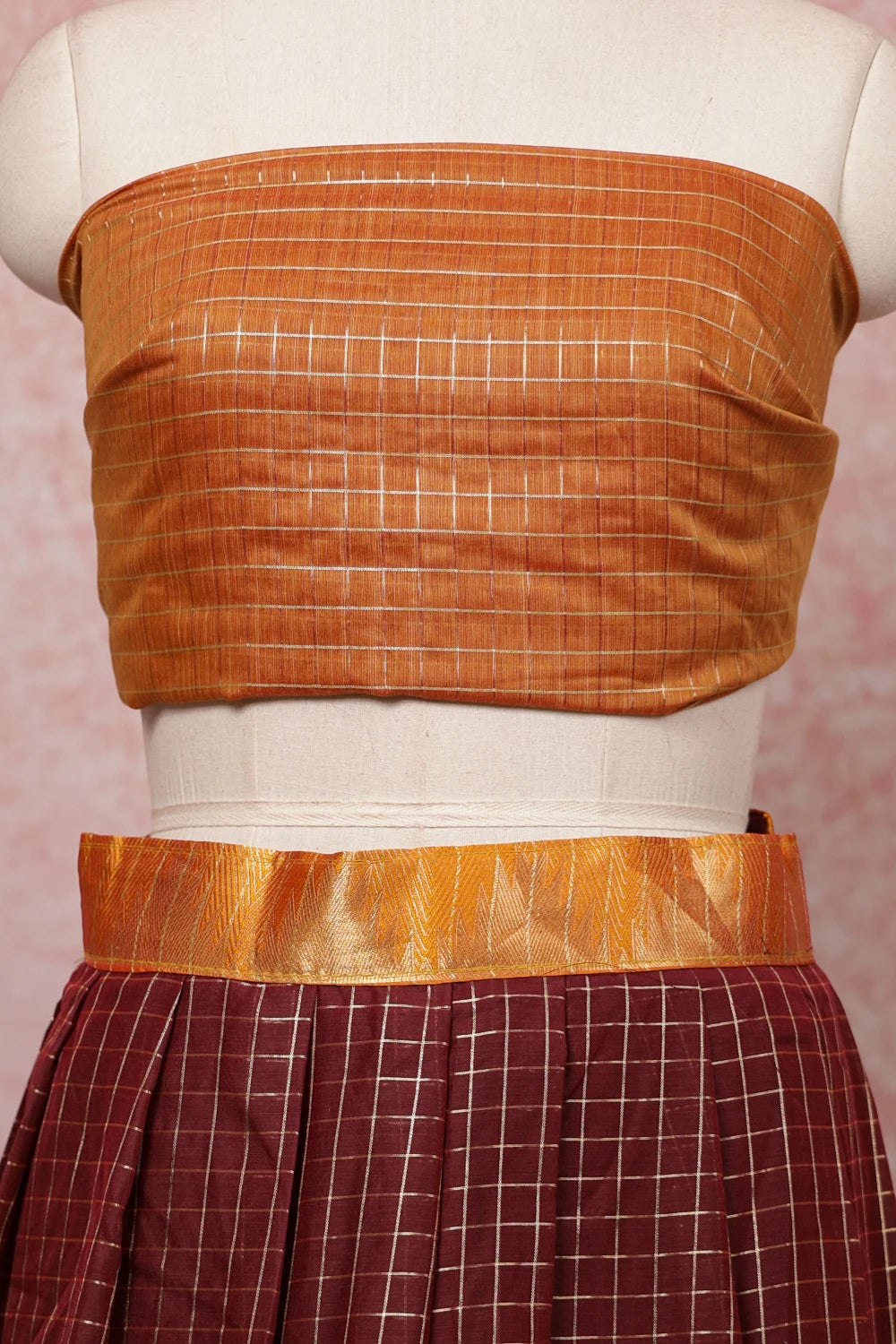 Orange And Maroon Semi Chanderi Dhavani Set
