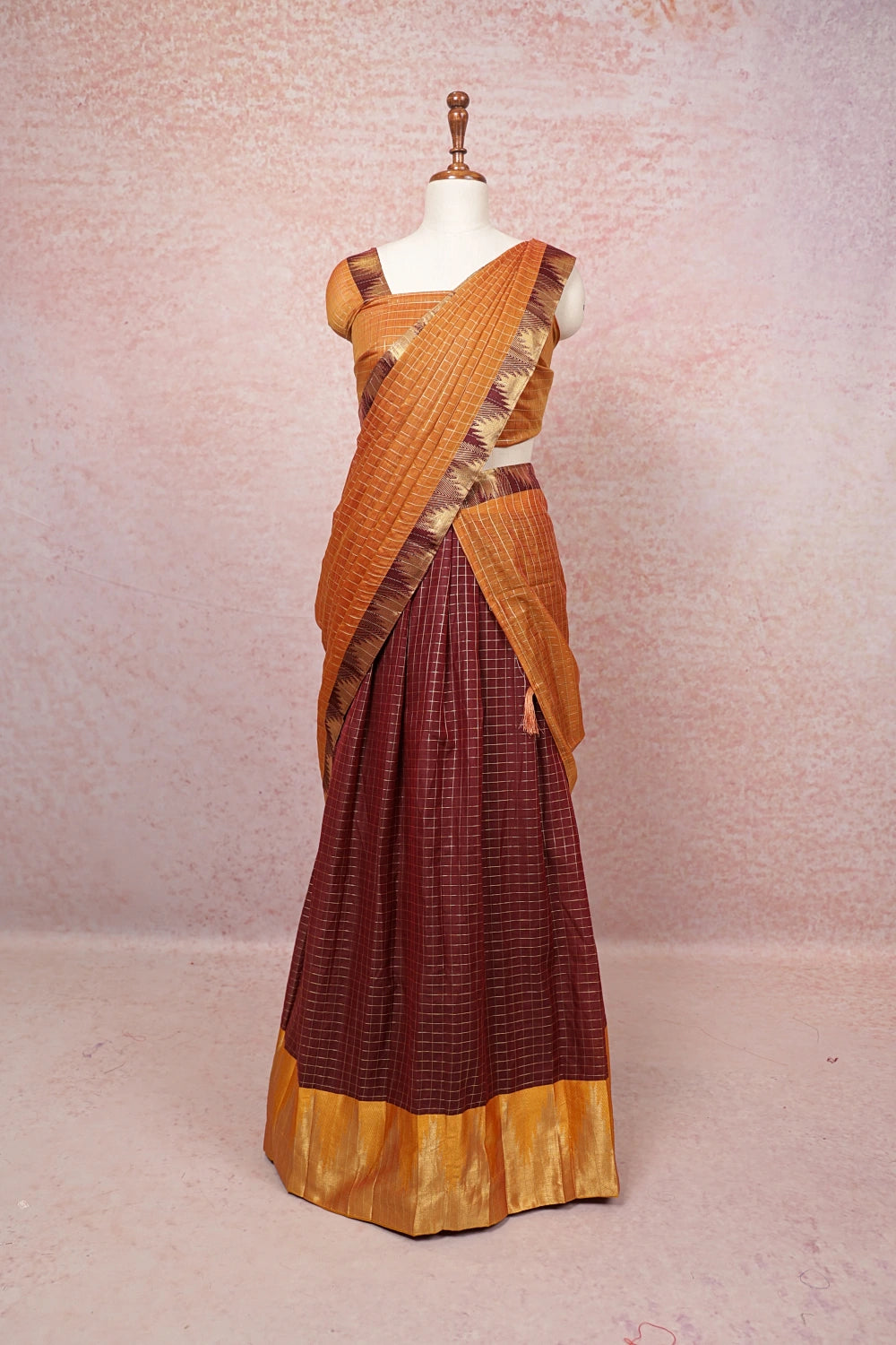 Orange And Maroon Semi Chanderi Dhavani Set