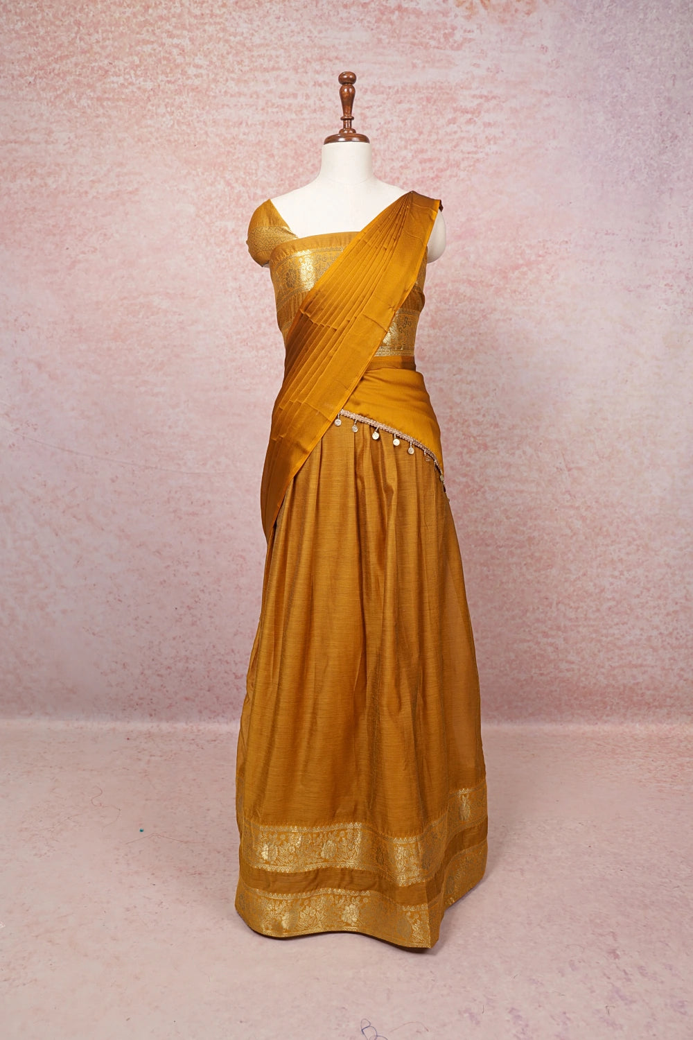 Mustard Yellow Semi Chanderi Dhavani Set