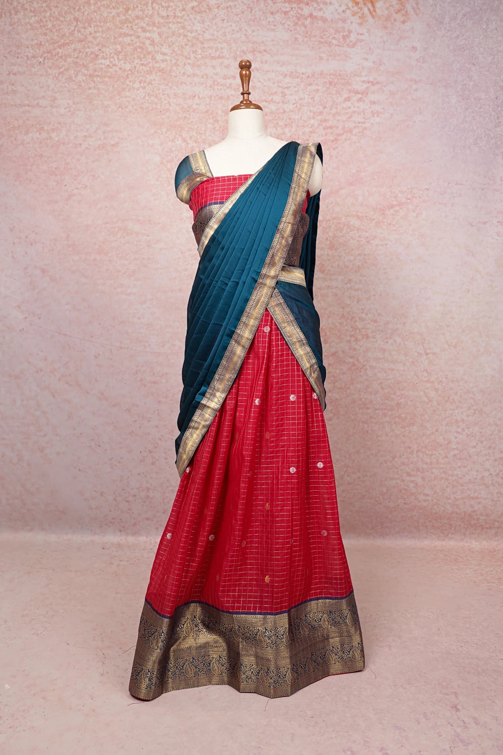 Magenta And Teal Blue Semi Chanderi Dhavani Set