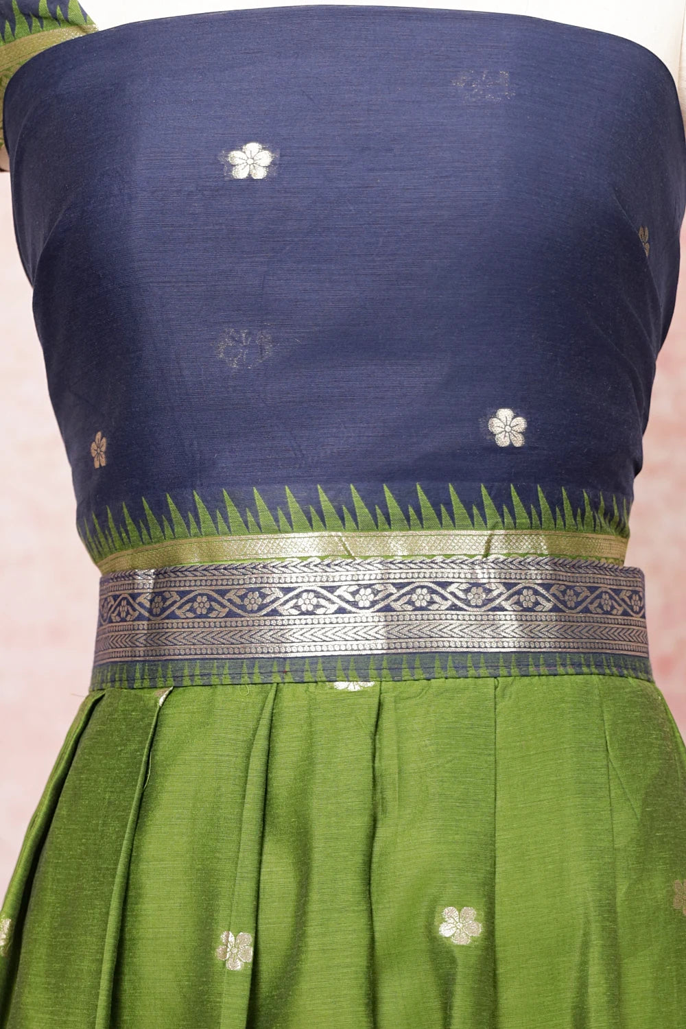 Mehandi Green With Blue Semi Chanderi Dhavani Set
