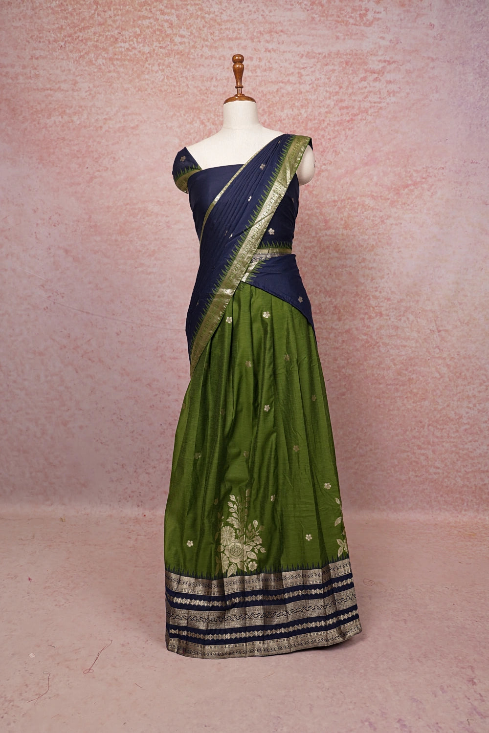 Mehandi Green With Blue Semi Chanderi Dhavani Set