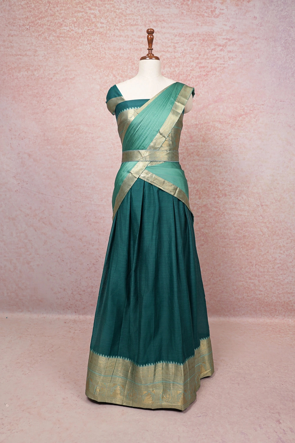 Green And Pista Green Semi Chanderi Dhavani Set