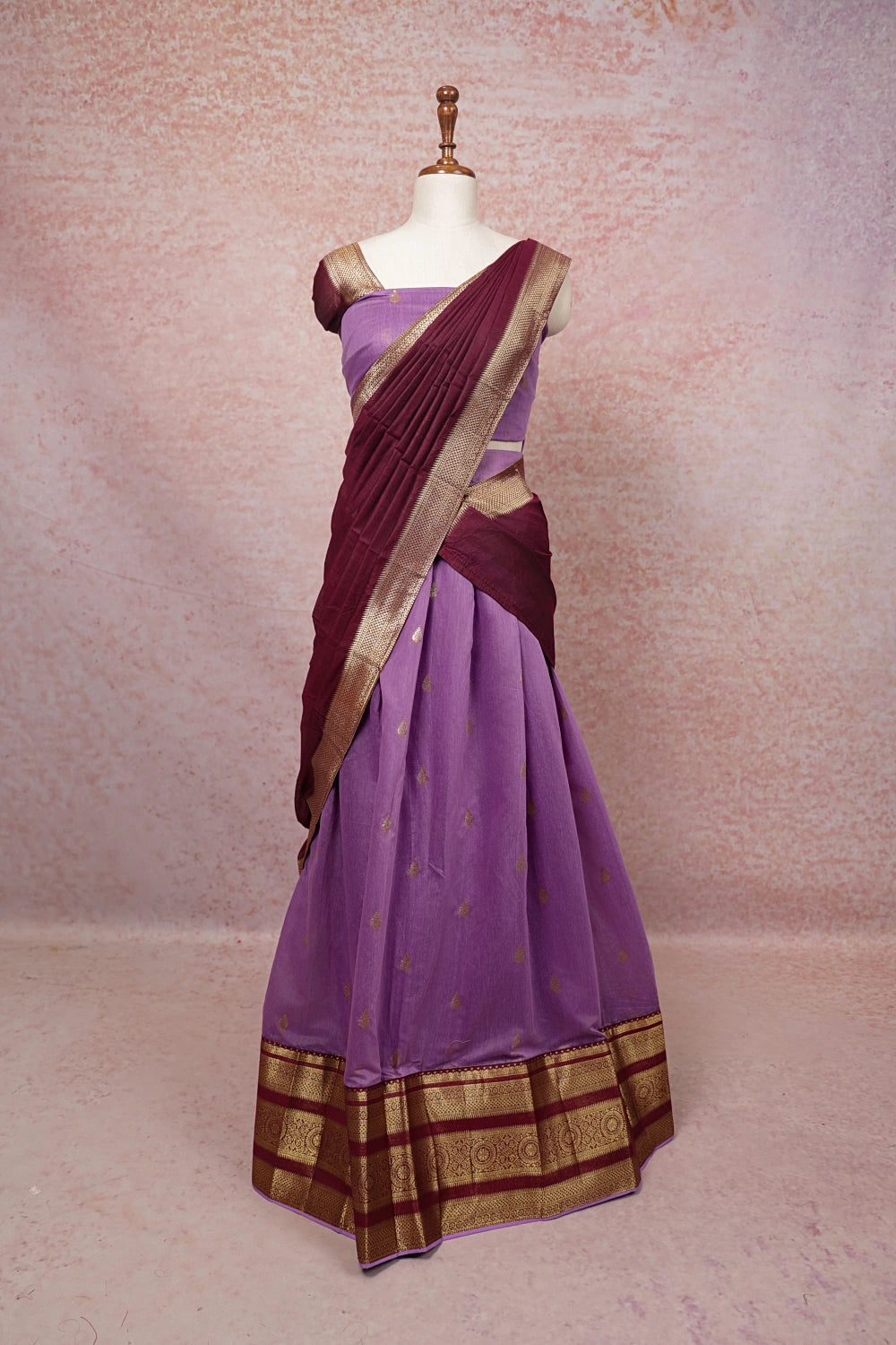 Lavender With Brown Semi Kanchi Cotton Dhavani Set