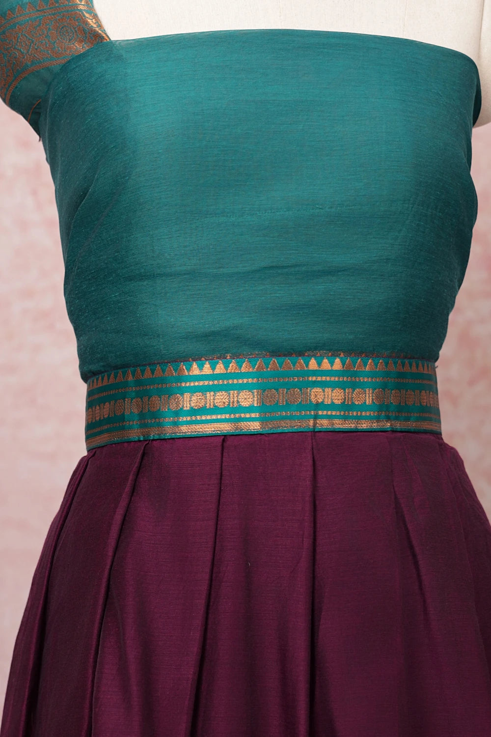 Wine With Green Semi Chanderi Dhavani Set