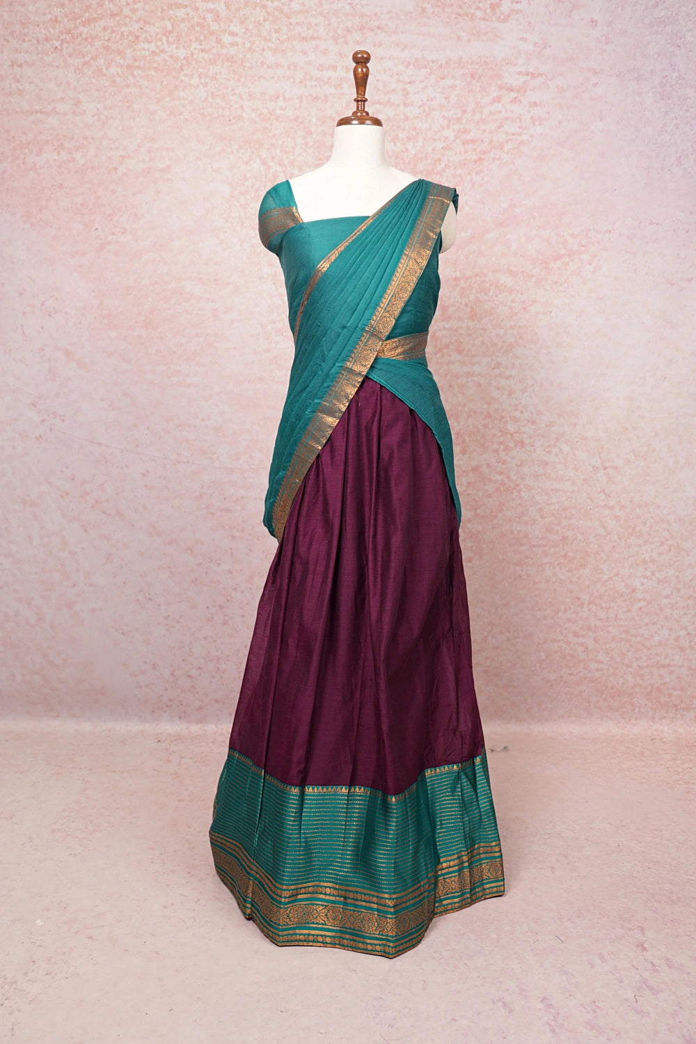 Wine With Green Semi Chanderi Dhavani Set