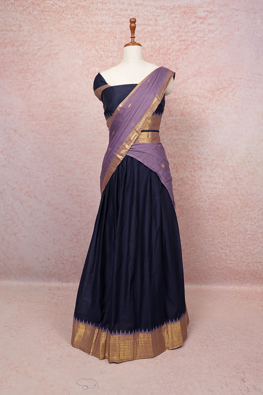 Navy Blue And Lavender Semi Chanderi Dhavani Set