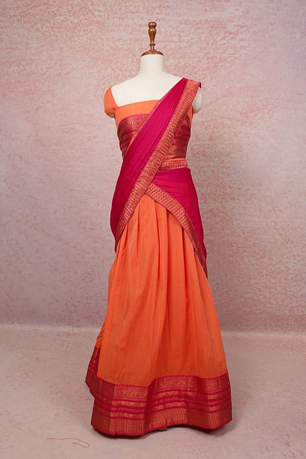 Orange And Pink Semi Silk Dhavani Set