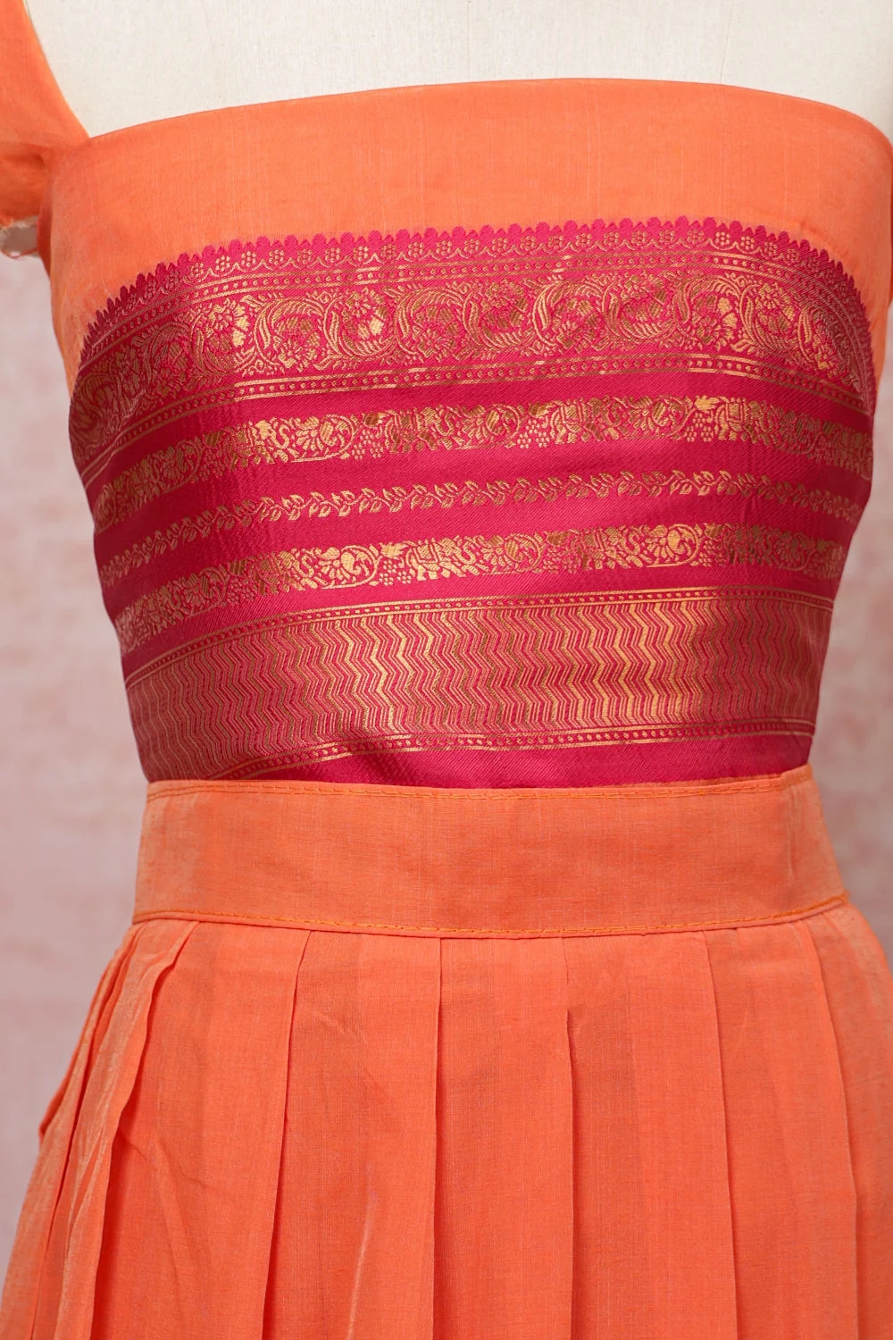 Orange And Pink Semi Silk Dhavani Set