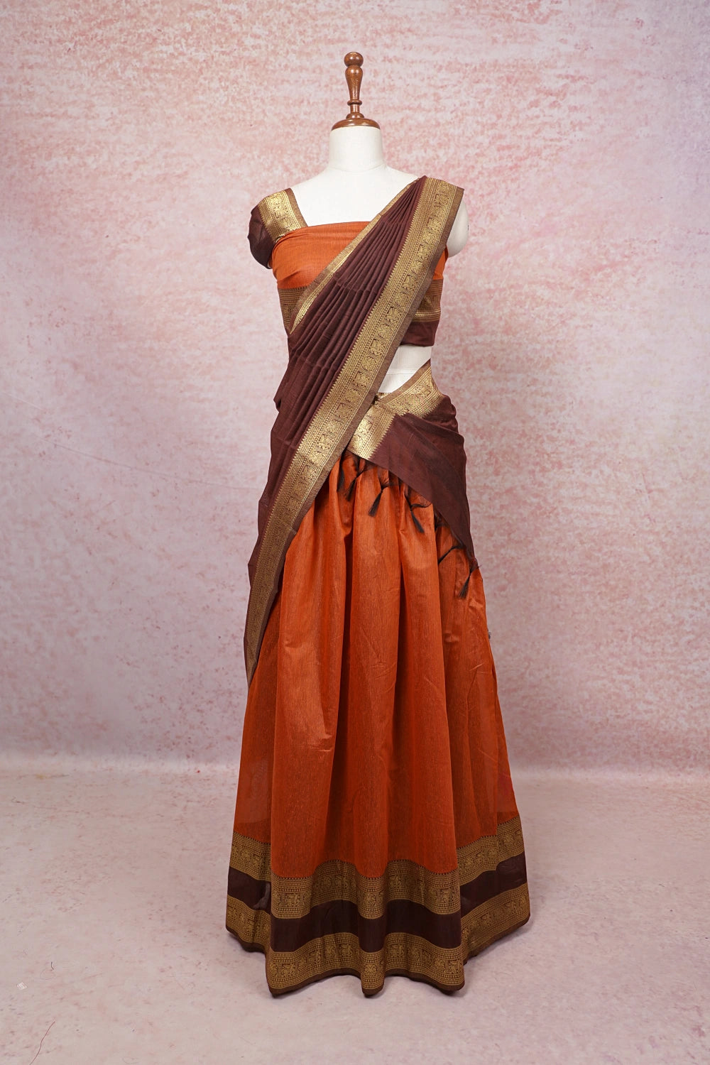 Orange With Brown Semi Kanchi Silk Dhavani Set
