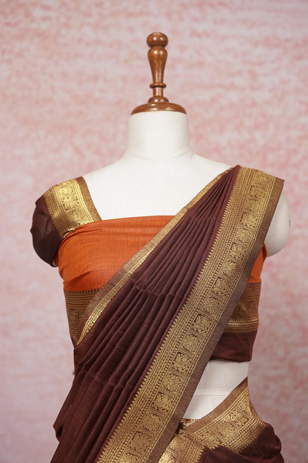 Orange With Brown Semi Kanchi Silk Dhavani Set