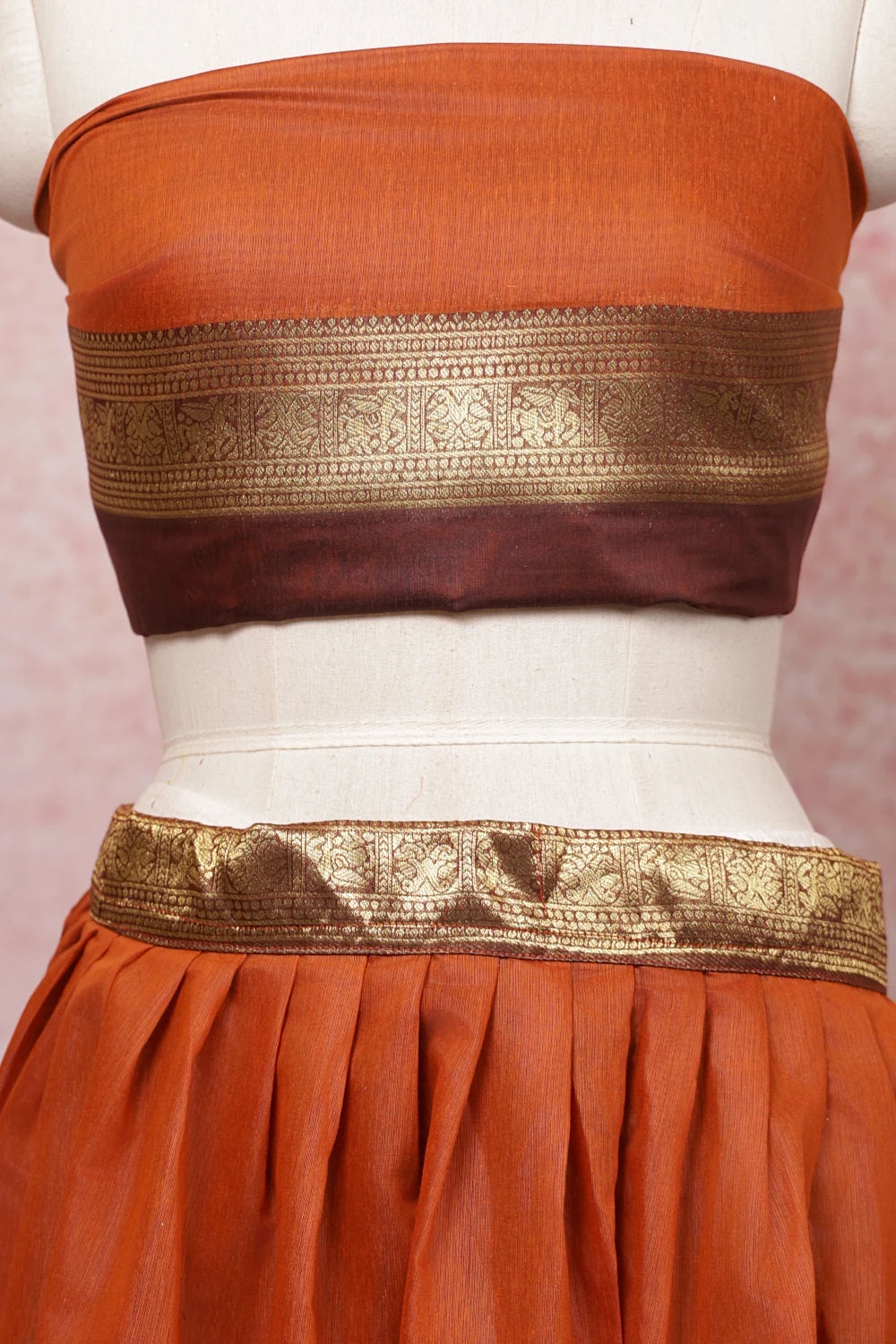 Orange With Brown Semi Kanchi Silk Dhavani Set
