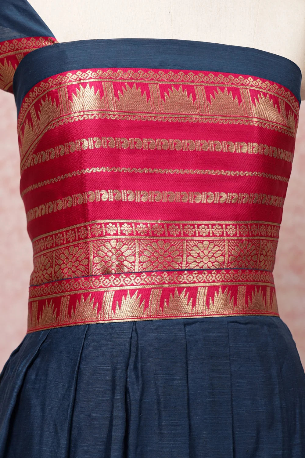 Blue And Pink Semi Chanderi Dhavani Set