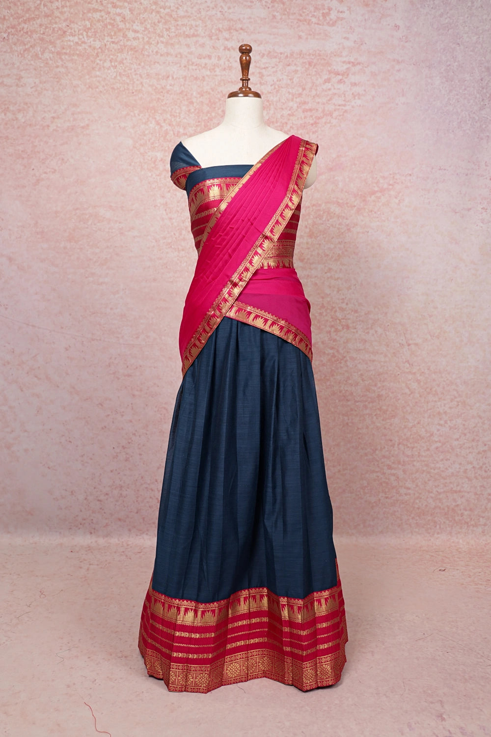 Blue And Pink Semi Chanderi Dhavani Set